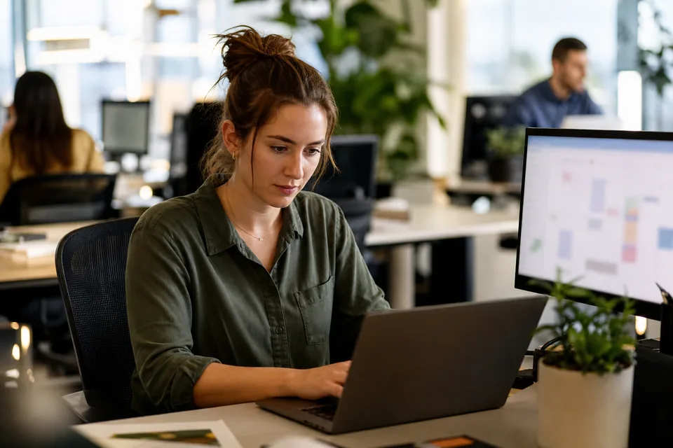 Startup talent lead scheduling candidate interviews on a laptop in an open-plan office