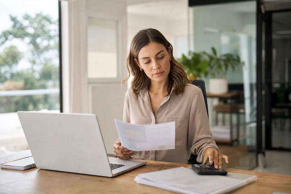 Hiring manager comparing applicant tracking system subscription costs on a laptop next to a printed budget sheet