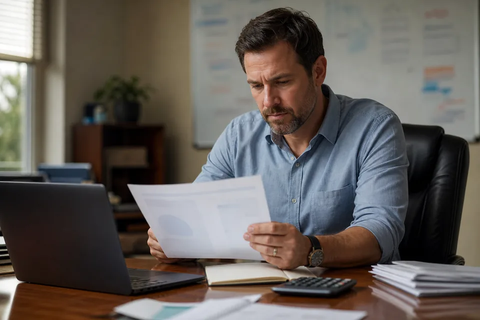 Staffing agency owner comparing a software quote with a calculator at his desk