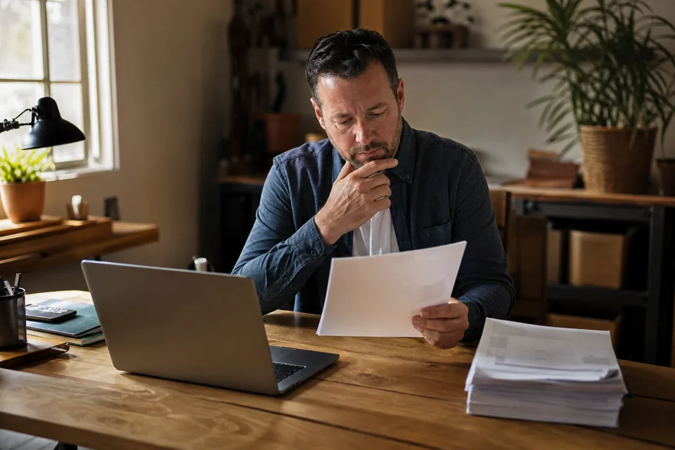 Small business owner reviewing job applicants on a laptop beside a stack of printed resumes