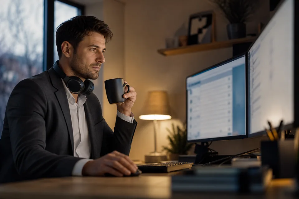 Executive recruiter sourcing candidates at a dual-monitor desk in a home office