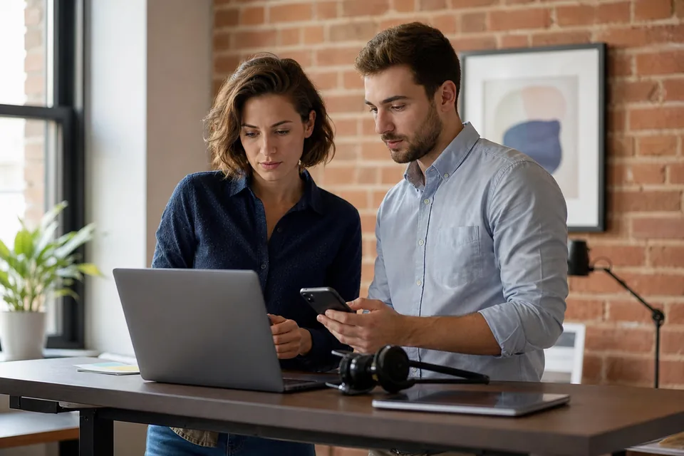 Two agency recruiters reviewing a candidate pipeline on a laptop at a standing desk
